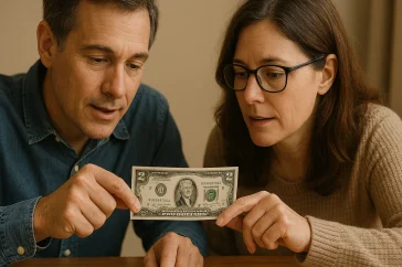 Two people sit together at a table, curiously inspecting a two-dollar bill as one points out a unique detail.