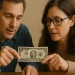 Two people sit together at a table, curiously inspecting a two-dollar bill as one points out a unique detail.
