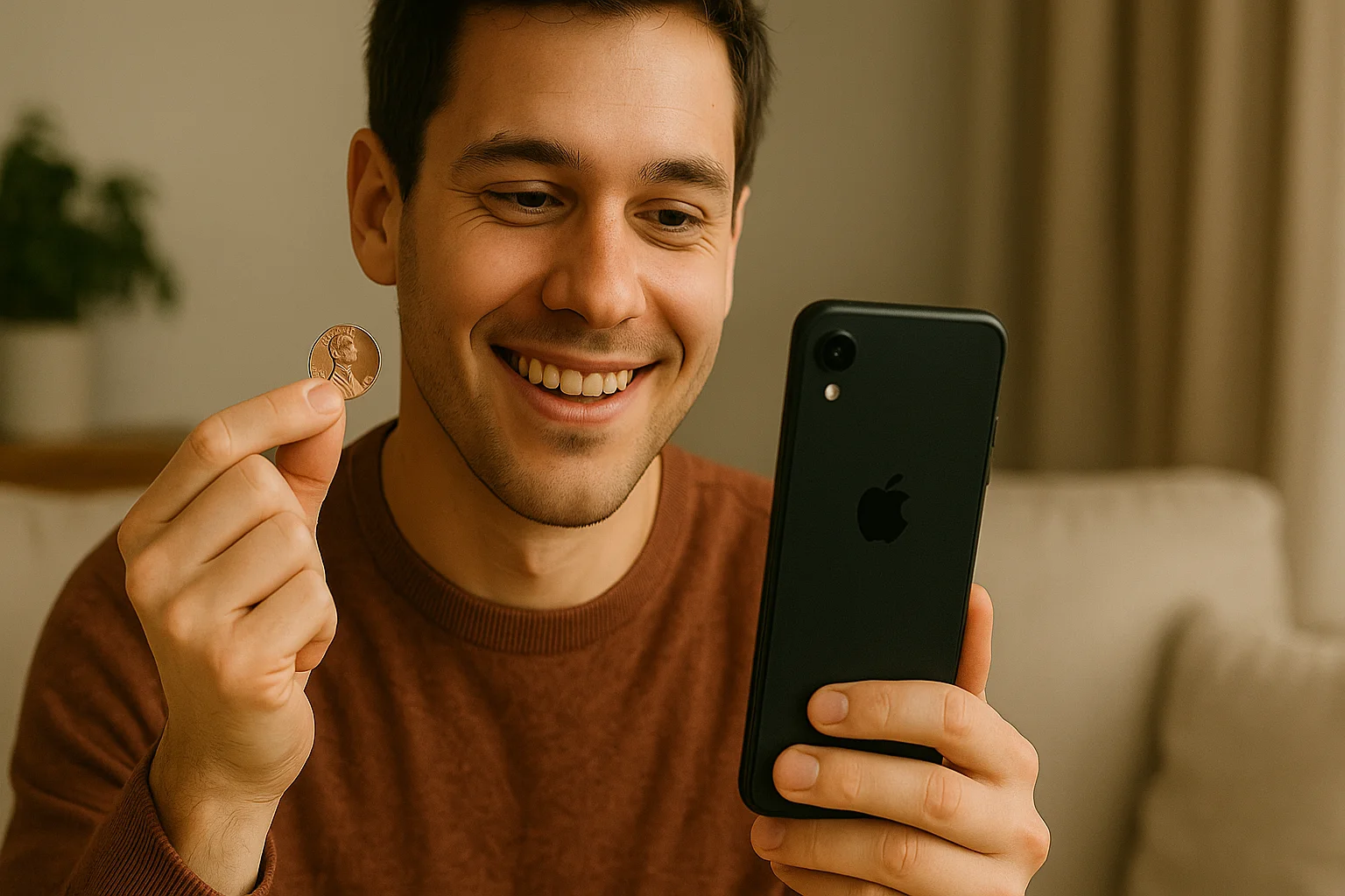 A man inspects a penny after inspecting a bill while holding up his phone with the identification app.