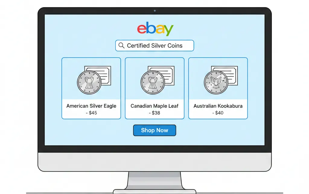 eBay ad on certified silver coins on the computer display