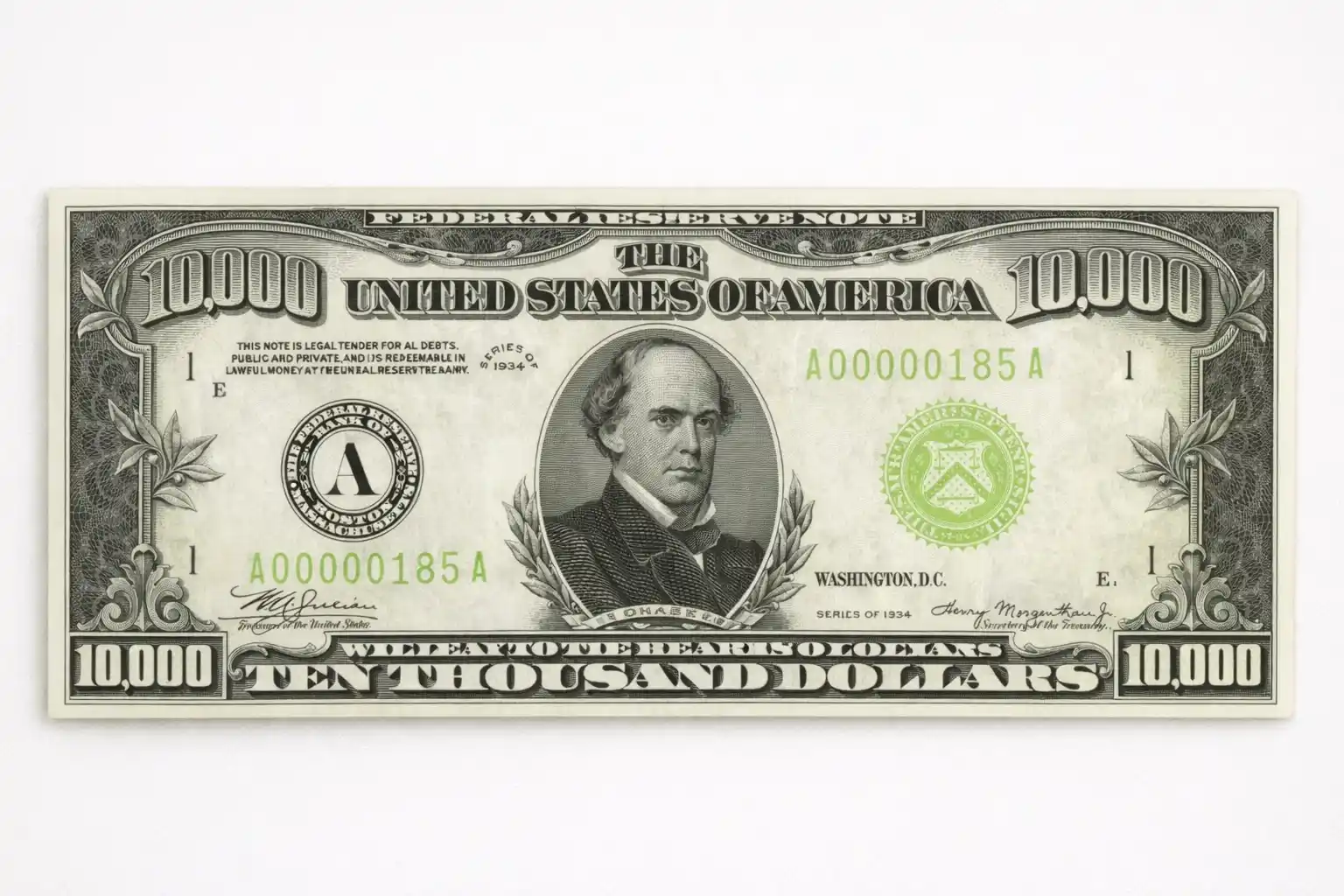 Front of a $10,000 bill with Salmon P. Chase on a light background.